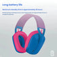 Studio shot of the blue-and-pink G435 headset with an 18-hour battery icon, emphasizing all-day play and music enjoyment on a single charge.