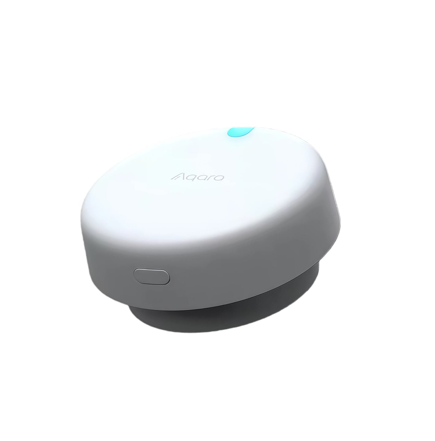 Front view of the matte-white Aqara FP2 sensor showing its soft LED indicator and pairing button, isolated on white.