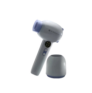 Babycare cordless baby hair dryer in white and green color, featuring wireless charging base and digital display for safe and convenient use