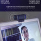 Close-up of the Logitech C922 webcam mounted on a laptop screen, illustrating the built-in dual microphones with sound-wave graphics.