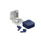 Dual-color display of CMF Buds 2 Plus earbuds — white and navy blue — shown with their respective charging cases, emphasizing portability, style, and premium build quality.