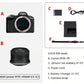 Flat-lay of Canon EOS R50 kit: black body, RF-S 18-45 mm lens, LP-E17 battery, charger, strap, and power cord.