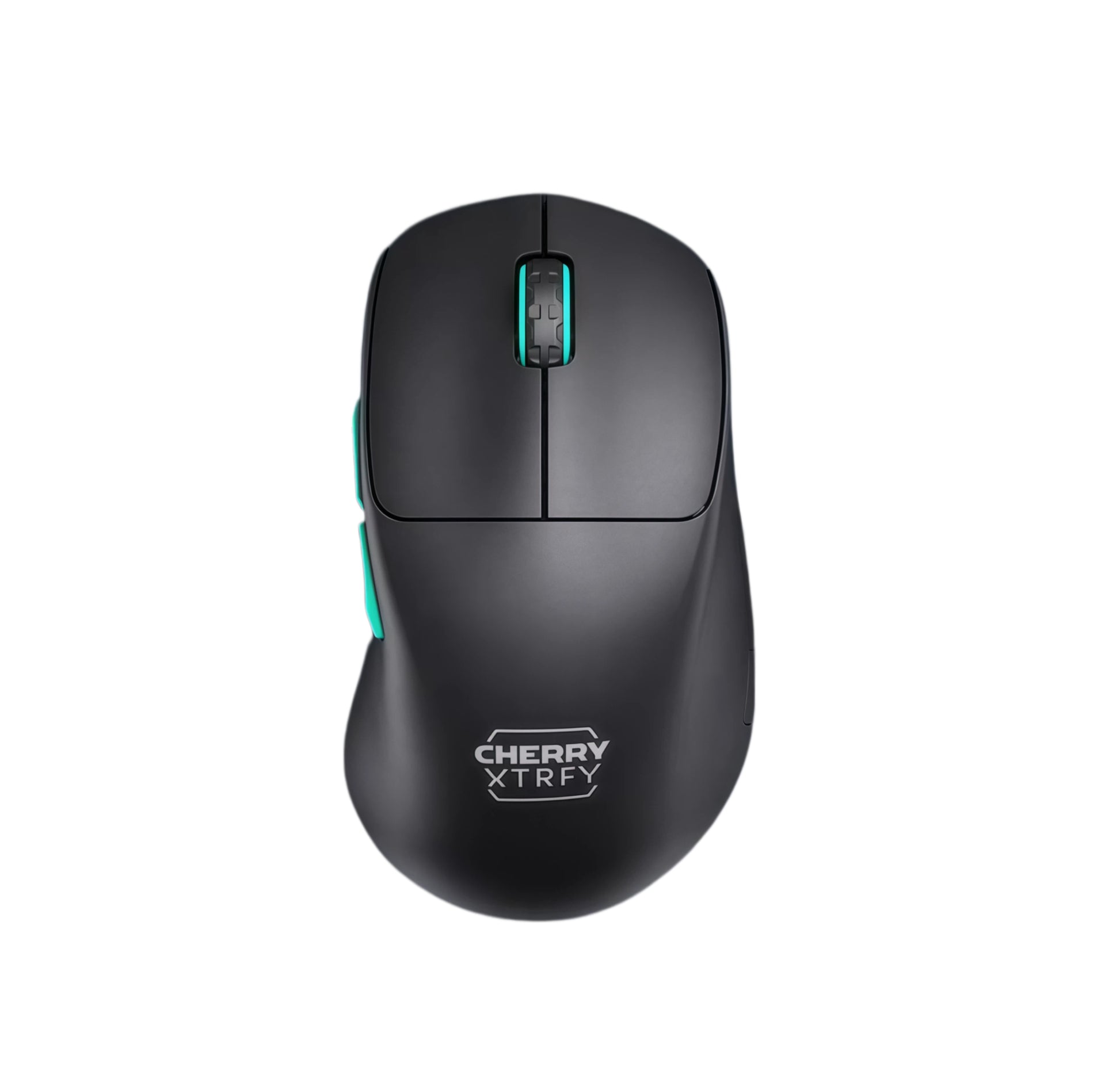 Top-down studio shot of the Cherry Xtrfy M64 WL wireless gaming mouse in black, featuring a sleek matte finish, turquoise-accented scroll wheel and side buttons, and the "CHERRY XTRFY" logo. Designed for precision and comfort, this lightweight mouse delivers high-performance wireless gaming with minimal visual clutter.