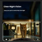 Smartphone screen displaying clear night-vision video of orange cat approaching DOGNESS Rover APP feeder for late-night meal.
