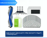 Antibacterial cleaning bundle with roller brush, side brush, filter element, rags, and cleaning fluid on a white background.