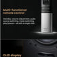 A composite image showing the sleek, multi-functional remote control for the Edifier S3000MKII and a close-up of the speaker's clear OLED display, which shows input mode, sound effect, and volume levels.
