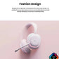 Overhead shot of the white G735 lying on a pink surface, emphasizing the rotating PU earcups that relieve pressure for glasses wearers.