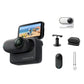 The black Insta360 GO 3S tiny camera shown in its Action Pod with a flip touchscreen. The standard accessories are displayed, including the Pivot Stand, Easy Clip, and Magnet Pendant.