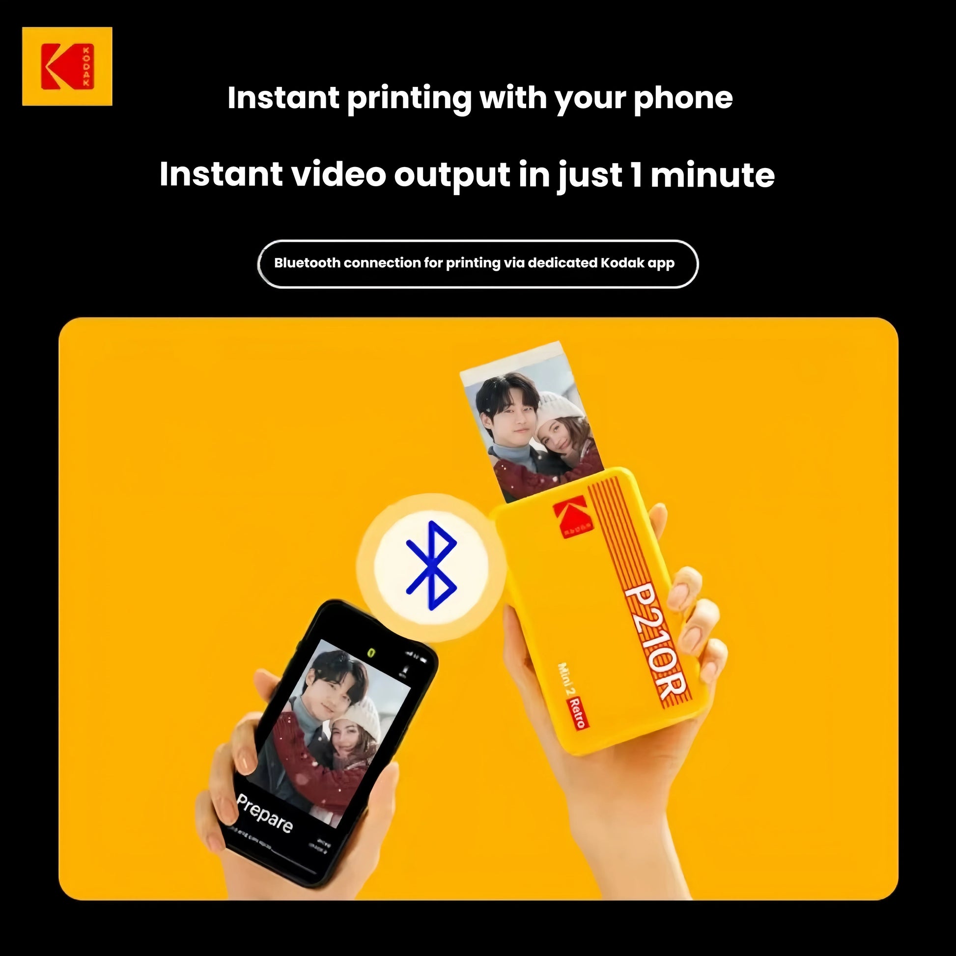 Hands holding Kodak Mini 2 Retro printer (yellow) and smartphone connected via Bluetooth. Shows instant photo printing from phone using dedicated Kodak app. Perfect for quick, wireless photo output.