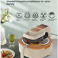 The Liren air fryer with icons illustrating its healthy cooking features, such as its large 5L capacity, precise time control, firepower adjustment, and oil-free, high-temperature degreasing capabilities.