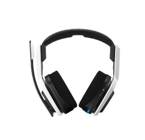 Studio shot of the white ASTRO A20 headset with blue accents, detachable mic, and sleek angular design.