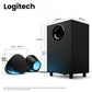 Technical dimension drawing of the Logitech G560 subwoofer (255 × 205 × 373 mm) and satellites (155 mm width & height) to help users plan their setup.