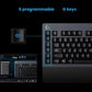 Close-up of the left-side G1–G6 macro keys on the G613, with an inset of Logitech G HUB software showing drag-and-drop macro assignment for in-game commands.