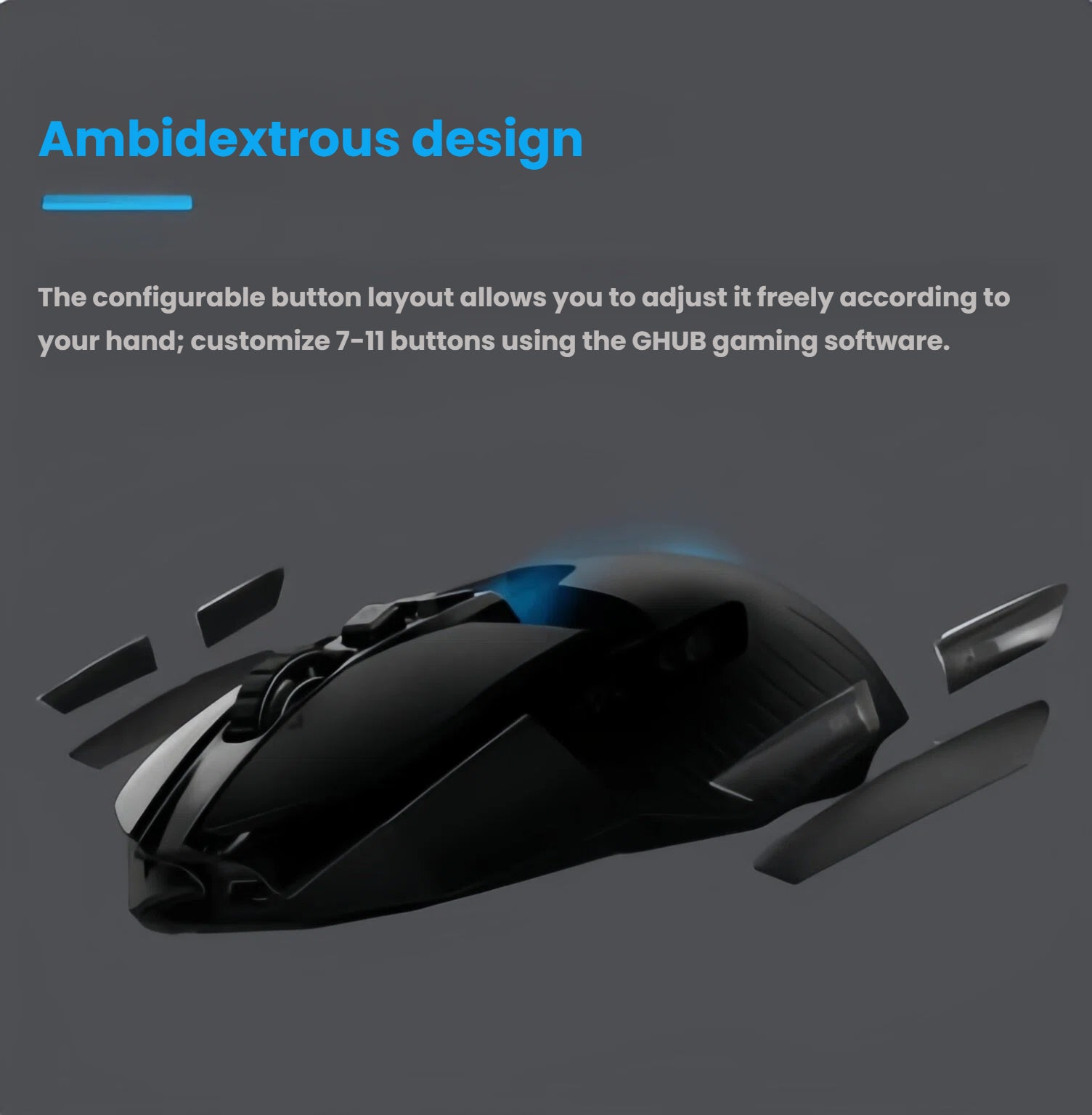 Close-up of the Logitech G903’s dual-mode scroll wheel, pointing out the mode-switch button and lightweight hollow roller for lightning-fast or tactile scrolling.