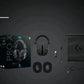 Overhead shot of the PRO X 2 retail box and all included items: headset, LIGHTSPEED dongle, detachable mic, extra velour ear pads, USB-C cable, and carrying pouch.