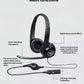 Annotated diagram of the black H390 headset pointing out the noise-canceling microphone, in-line volume/mute remote, USB-A connector, and digital stereo drivers.