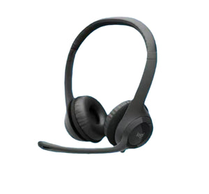 Studio shot of the black Logitech H390 headset with flexible boom mic, isolated on white.