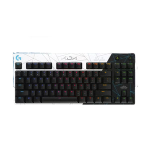 Top-down view of the Logitech PRO tenkeyless keyboard in the K/DA special edition, showcasing a black-and-white shattered-glass design with multi-color RGB backlighting and K/DA branding.