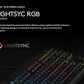 Close-up of the Logitech PRO keyboard’s keys glowing in a rainbow wave, highlighting LIGHTSYNC RGB technology and per-key customization via Logitech G HUB.