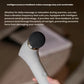 Close-up of the Philips massage gun being held in hand, showing the control buttons and red light indicators. Offers 5 intensity levels with real-time pressure feedback to prevent muscle damage.