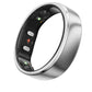 Close-up of the silver RingConn Gen 2 ring’s inner surface, revealing green and red optical sensors and titanium alloy shell.