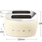 A diagram showing the product dimensions of the Smeg 50's Style toaster, highlighting its width, height, and the 36mm width of the toasting slots.