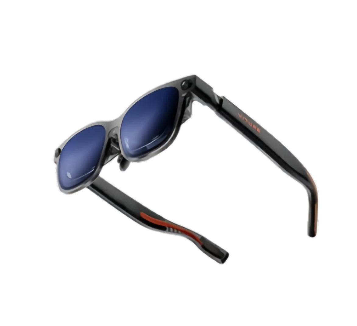 Studio shot of VITURE Luma Ultra XR glasses with blue electrochromic lenses and red-accented temples, showcasing sleek cyber design.