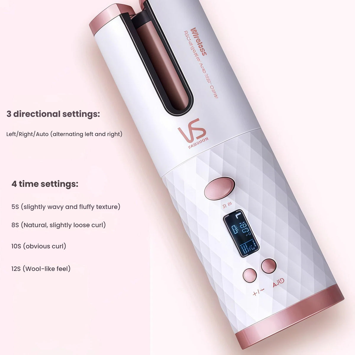 White and rose-gold VS rechargeable automatic hair curler with LCD screen