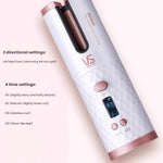White and rose-gold VS rechargeable automatic hair curler with LCD screen