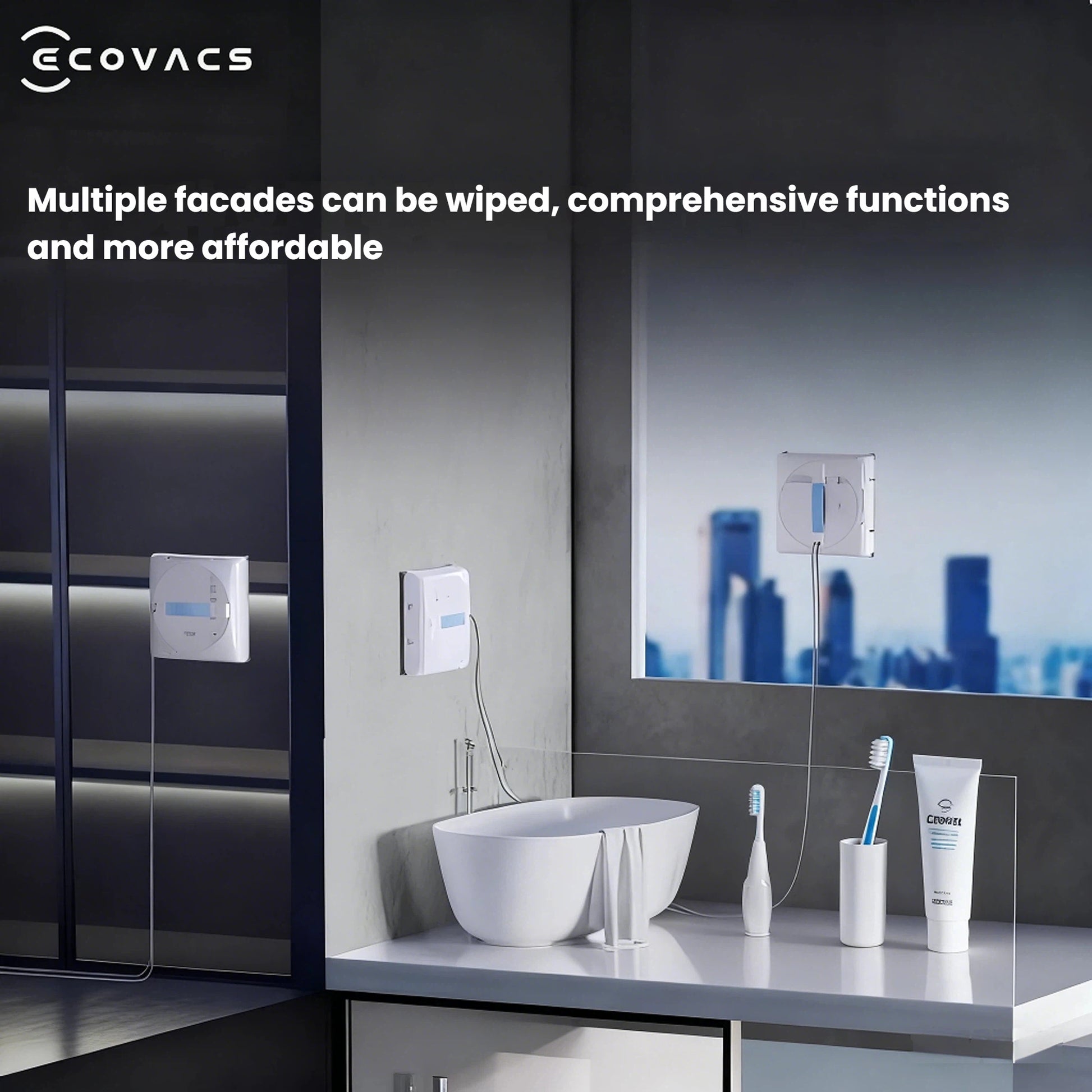 A demonstration of the ECOVACS WINBOT W1S's comprehensive functionality, showing the robot cleaning a bathroom mirror and a large window, proving its versatility on multiple facades.