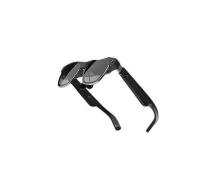 Studio shot of folded XREAL Air 2 Ultra AR glasses in matte black finish, ready for portable use.