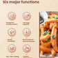 An infographic detailing the six major functions of the Yamazen air fryer: an enlarged viewing window, 5.5L capacity, hot air circulation, auto shut-off, non-stick coating, and a colorful touchscreen.