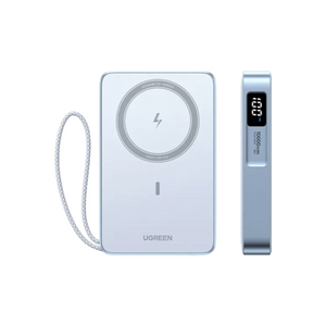 UGREEN MagFlow 10000mAh magnetic power bank front and side views in blue