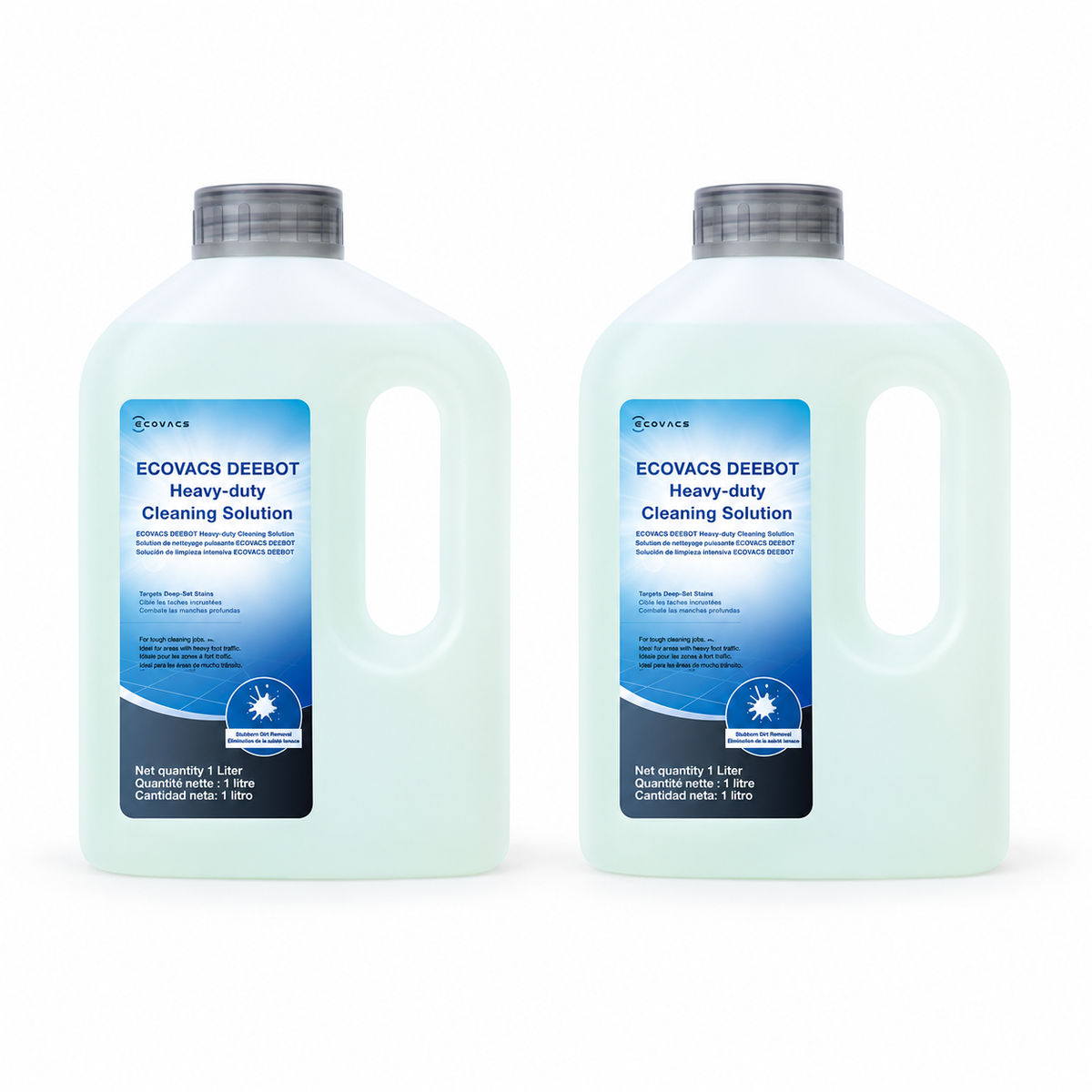 Two identical ECOVACS DEEBOT Heavy-Duty Cleaning Solution 1L bottles; 2L twin pack