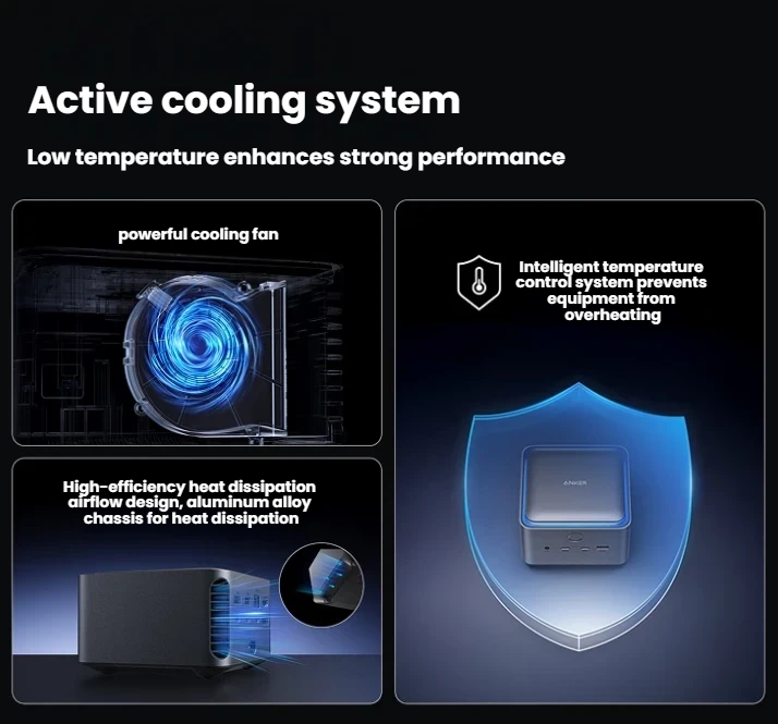 Anker Prime TB5 dock active cooling fan and heat dissipation diagram