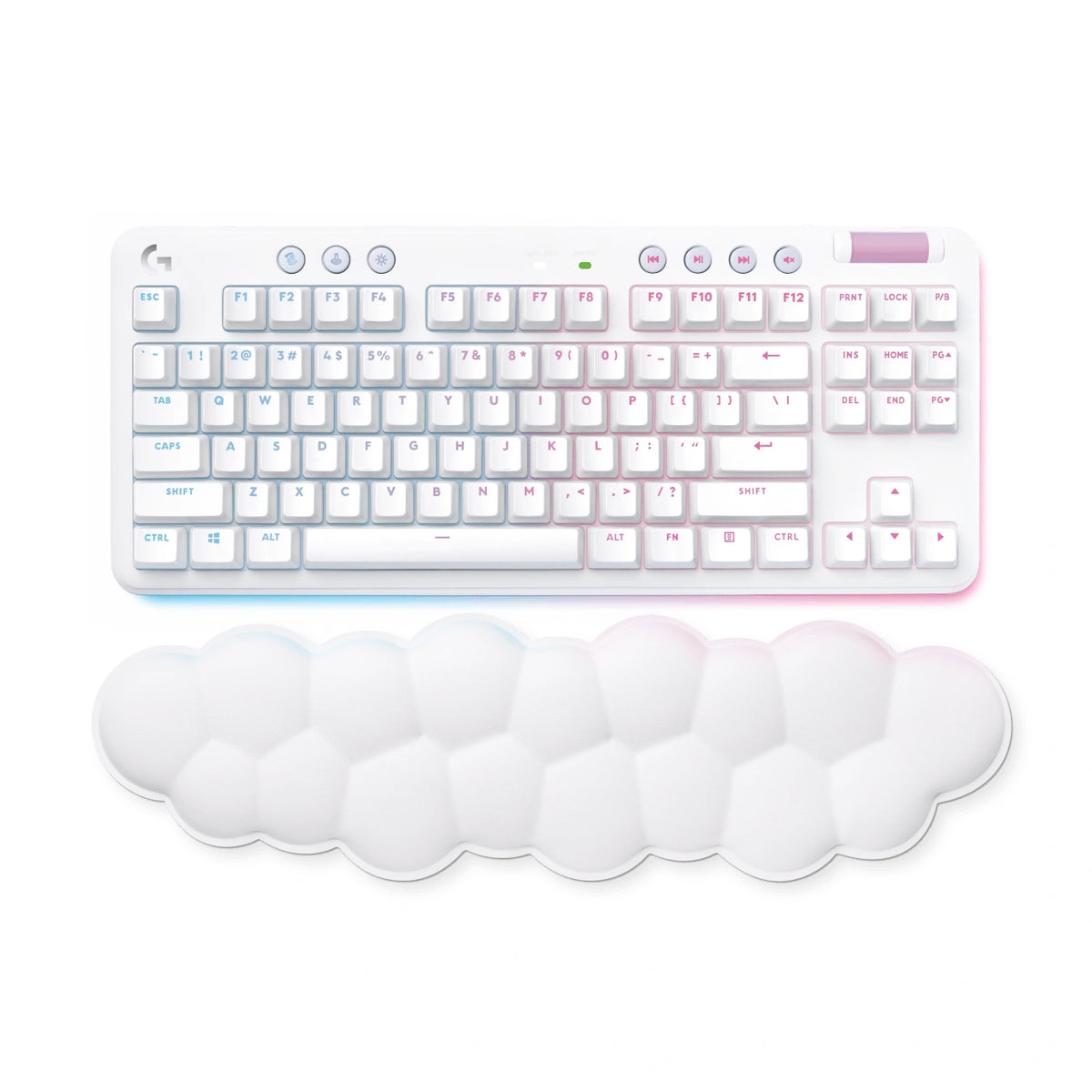 Logitech G715 white TKL gaming keyboard with cloud-soft palm rest