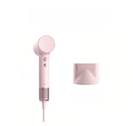  The Laifen Mini high-speed hair dryer in white, shown next to its included magnetic smooth nozzle attachment against a white background.