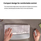Overhead shot of hands typing on a white Logitech Wave Keys, demonstrating how the compact layout keeps the mouse closer to the body for a natural shoulder position.