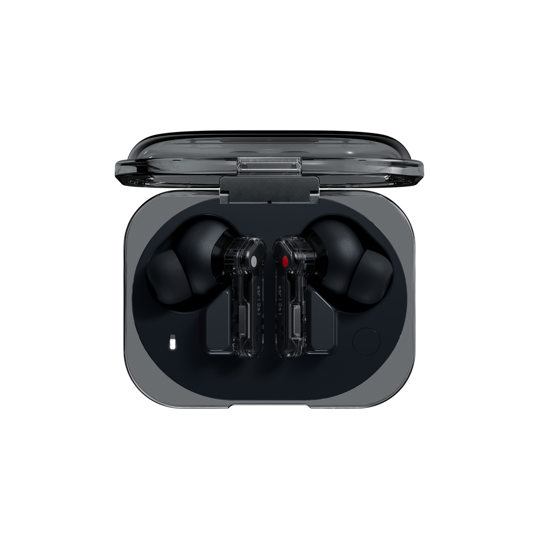 Nothing Ear (3a) in Black, showing the earbuds and open charging case
