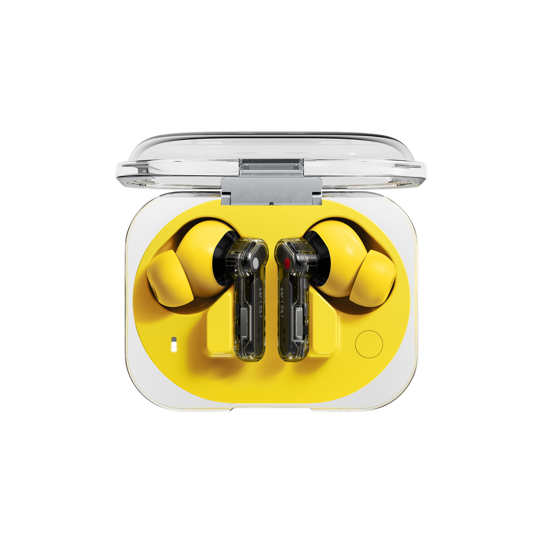 Nothing Ear (3a) in Yellow, showing the earbuds and open charging case