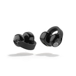 Sennheiser ACCENTUM Clip – Black earbuds beside open charging case