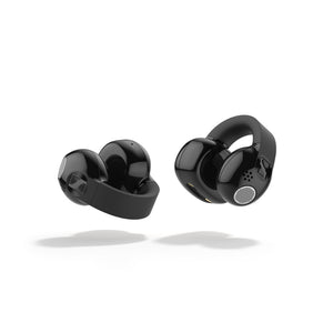 Sennheiser ACCENTUM Clip – Black earbuds beside open charging case