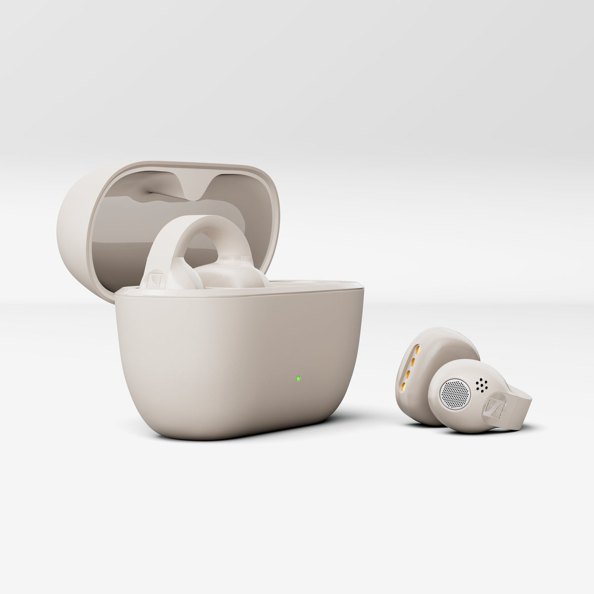 Sennheiser ACCENTUM Clip – Cream charging case and earbud close-up