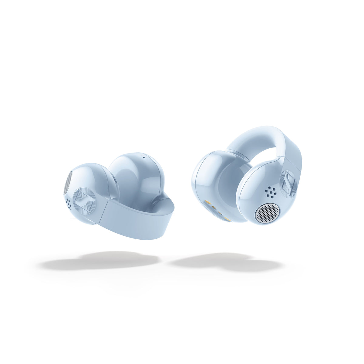 Sennheiser ACCENTUM Clip – Ice Blue earbuds beside open charging case